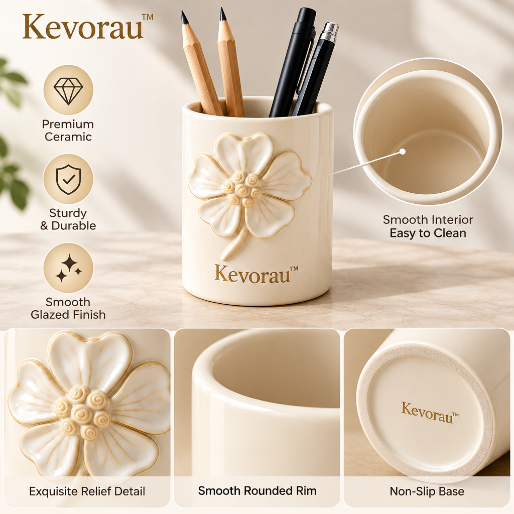 Kevorau™ Ivory Rose Relief Pen Organizer